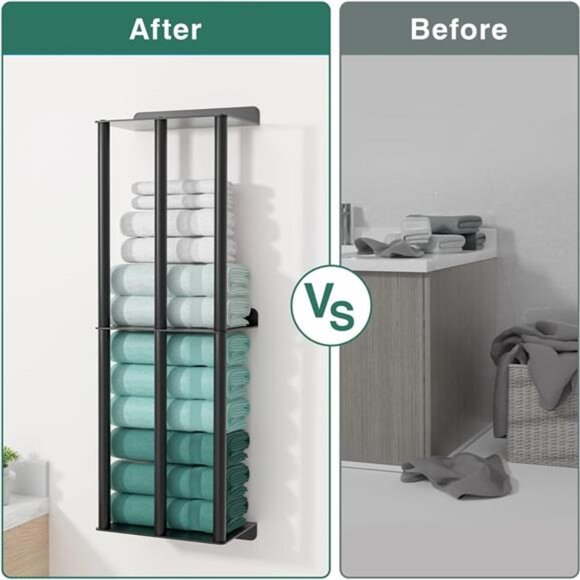 Towel Racks for Bathroom, Wall Mounted Towel Holder, 2 Tier Towel Rack w/ Shelf - Picture 5 of 7